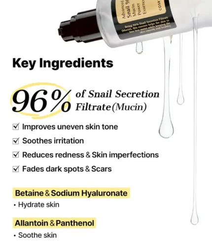 Cosrx Snail Mucin Essence 100ml bottle – Korean skincare for hydration and acne scars in Bangladesh.