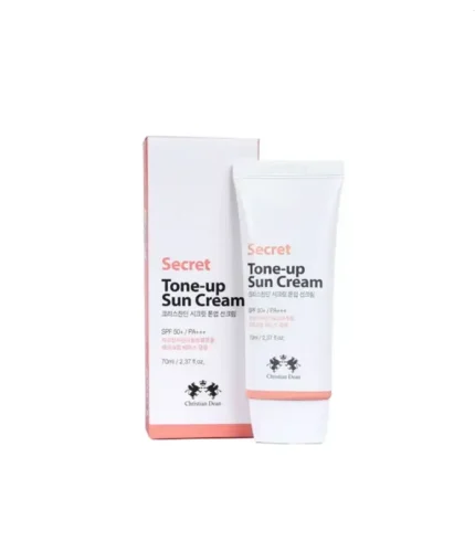 Close-up of Christian Dean Secret Tone Up Sun Cream SPF50+ packaging