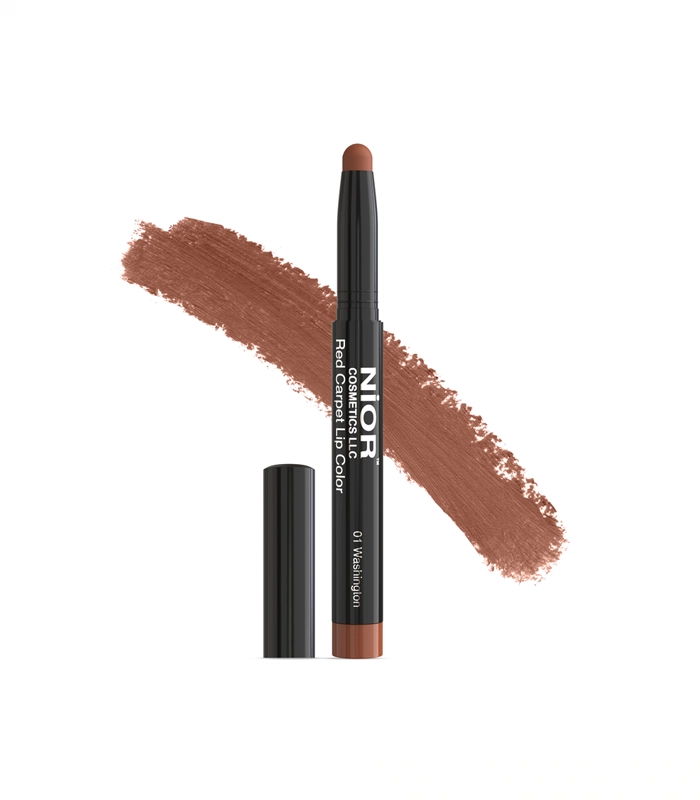 NIOR Red Carpet Lip Color 01 Washington — product pencil and color swatch on white background